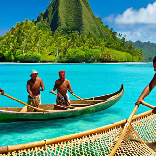 Home 19 **Traditional Tongan Fishing:** A vibrant scene of Tongan fishermen expertly casting handwoven nets from outrigger canoes on a turquoise sea. The image should highlight the traditional techniques and colorful fish caught, showcasing the sustainable practices and deep connection to the ocean. Include a clear blue sky and lush green islands in the background.