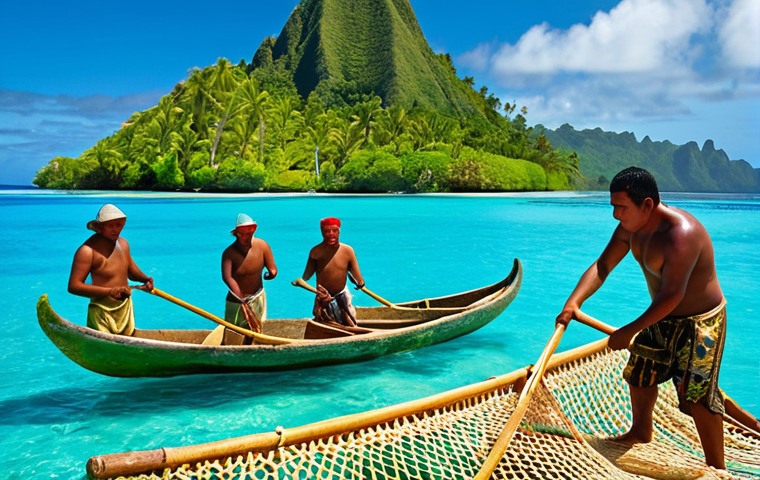 **Traditional Tongan Fishing:** A vibrant scene of Tongan fishermen expertly casting handwoven nets from outrigger canoes on a turquoise sea. The image should highlight the traditional techniques and colorful fish caught, showcasing the sustainable practices and deep connection to the ocean. Include a clear blue sky and lush green islands in the background.