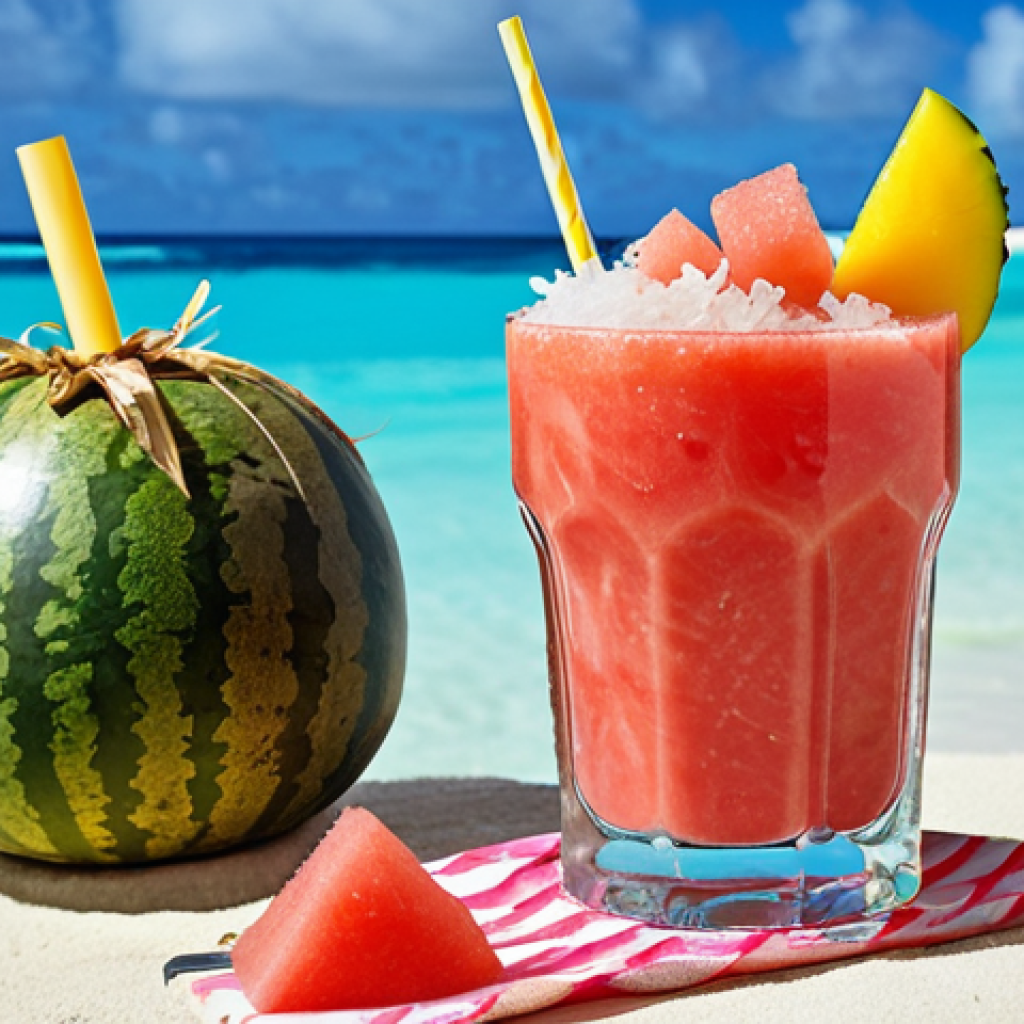 **Prompt:** A vibrant and refreshing glass of Tongan Otai, overflowing with chunks of watermelon, grated coconut, and pieces of seasonal fruits like mango and pineapple. The drink is set on a table overlooking a tropical beach with crystal-clear turquoise water. Focus on the colors and textures to convey the drink's sweetness, creaminess, and freshness.