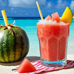 **Prompt:** A vibrant and refreshing glass of Tongan Otai, overflowing with chunks of watermelon, grated coconut, and pieces of seasonal fruits like mango and pineapple. The drink is set on a table overlooking a tropical beach with crystal-clear turquoise water. Focus on the colors and textures to convey the drink's sweetness, creaminess, and freshness.