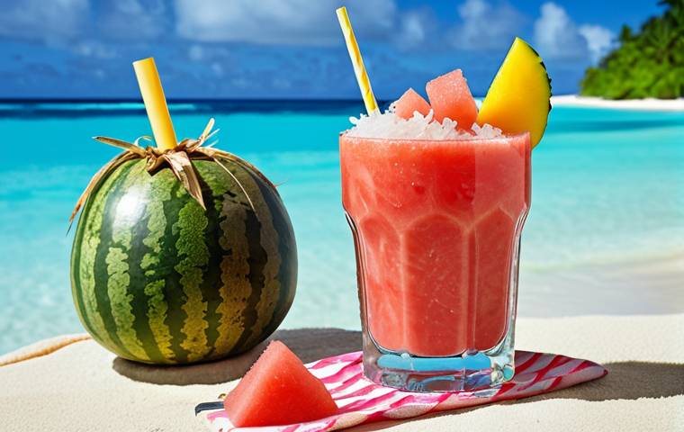 **Prompt:** A vibrant and refreshing glass of Tongan Otai, overflowing with chunks of watermelon, grated coconut, and pieces of seasonal fruits like mango and pineapple. The drink is set on a table overlooking a tropical beach with crystal-clear turquoise water. Focus on the colors and textures to convey the drink's sweetness, creaminess, and freshness.