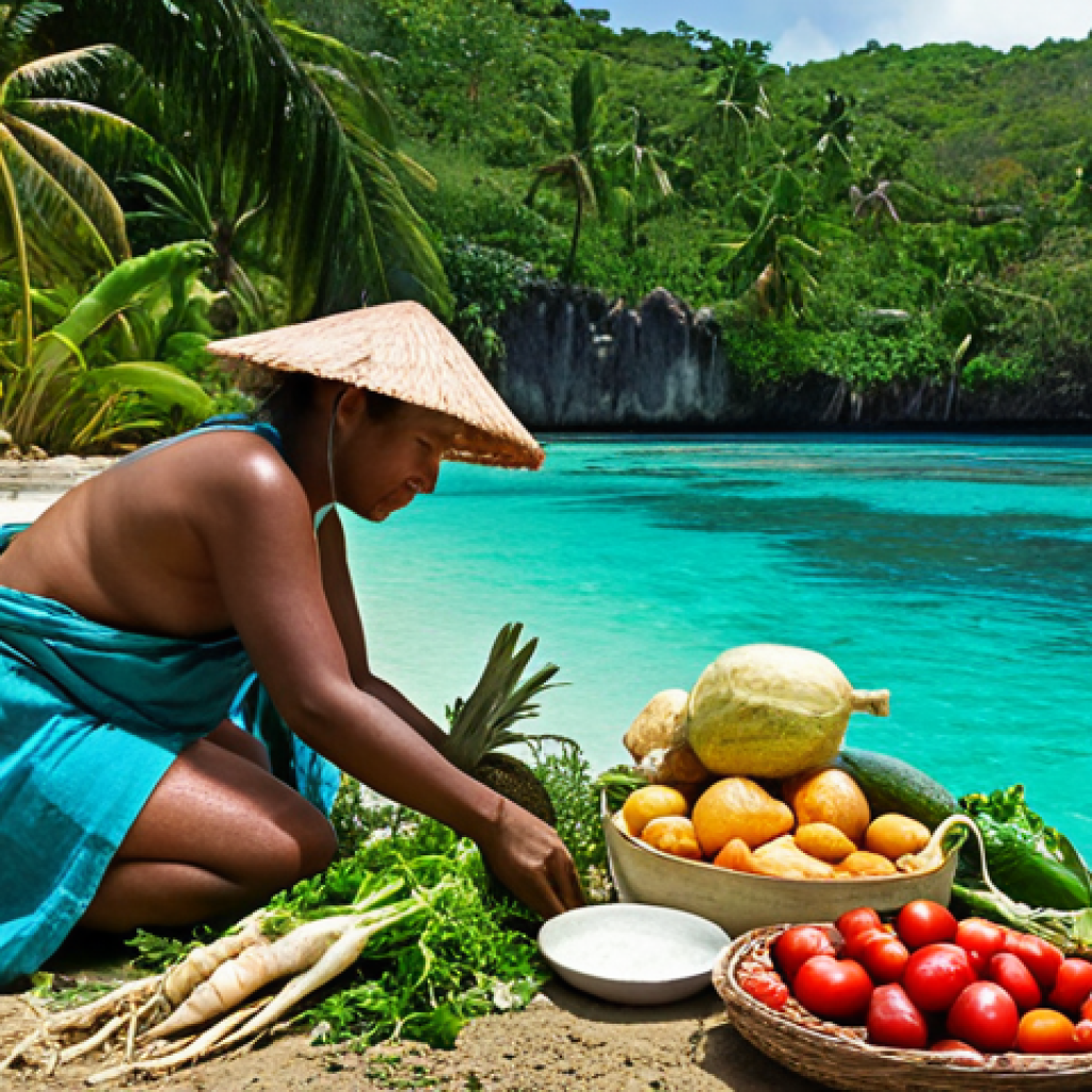 A harmonious scene on a vibrant tropical island, capturing the deep ancestral connection between people and nature. Features individuals engaged in traditional, sustainable practices: one person tending a lush garden with root vegetables and tropical fruits, another fishing in clear turquoise waters using simple methods. In the foreground, hands prepare a simple, fresh meal of local produce and fish, emphasizing authenticity and zero waste. Abundant natural light, a sense of peace, and a respectful coexistence with the environment. Hyperrealistic, rich in natural colors.