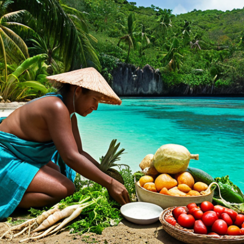 Home 17 A harmonious scene on a vibrant tropical island, capturing the deep ancestral connection between people and nature. Features individuals engaged in traditional, sustainable practices: one person tending a lush garden with root vegetables and tropical fruits, another fishing in clear turquoise waters using simple methods. In the foreground, hands prepare a simple, fresh meal of local produce and fish, emphasizing authenticity and zero waste. Abundant natural light, a sense of peace, and a respectful coexistence with the environment. Hyperrealistic, rich in natural colors.