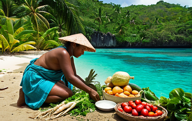 A harmonious scene on a vibrant tropical island, capturing the deep ancestral connection between people and nature. Features individuals engaged in traditional, sustainable practices: one person tending a lush garden with root vegetables and tropical fruits, another fishing in clear turquoise waters using simple methods. In the foreground, hands prepare a simple, fresh meal of local produce and fish, emphasizing authenticity and zero waste. Abundant natural light, a sense of peace, and a respectful coexistence with the environment. Hyperrealistic, rich in natural colors.