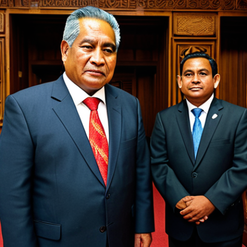 Home 8 A dignified Tongan King in traditional, formal Tongan regalia, including a finely woven ta'ovala, stands respectfully beside a Tongan elected government official in a modest, dark business suit. They are inside a grand, well-lit parliamentary chamber, which features intricate traditional Tongan carvings on wooden panels and modern architectural details. The atmosphere is one of respectful dialogue and a delicate balance between tradition and modern governance. Professional photography, high resolution, detailed, realistic, natural lighting. safe for work, appropriate content, fully clothed, professional, modest, family-friendly, perfect anatomy, correct proportions, natural pose, well-formed hands, proper finger count, natural body proportions.