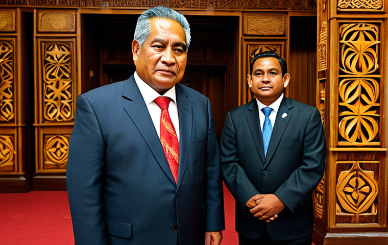 A dignified Tongan King in traditional, formal Tongan regalia, including a finely woven ta'ovala, stands respectfully beside a Tongan elected government official in a modest, dark business suit. They are inside a grand, well-lit parliamentary chamber, which features intricate traditional Tongan carvings on wooden panels and modern architectural details. The atmosphere is one of respectful dialogue and a delicate balance between tradition and modern governance. Professional photography, high resolution, detailed, realistic, natural lighting. safe for work, appropriate content, fully clothed, professional, modest, family-friendly, perfect anatomy, correct proportions, natural pose, well-formed hands, proper finger count, natural body proportions.