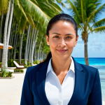 **

A professional businesswoman, fully clothed in a modest business suit, stands confidently in front of a luxury resort in Tonga. The background shows a clear blue ocean and palm trees. Safe for work, appropriate content, perfect anatomy, natural proportions, professional photography, family-friendly.

**