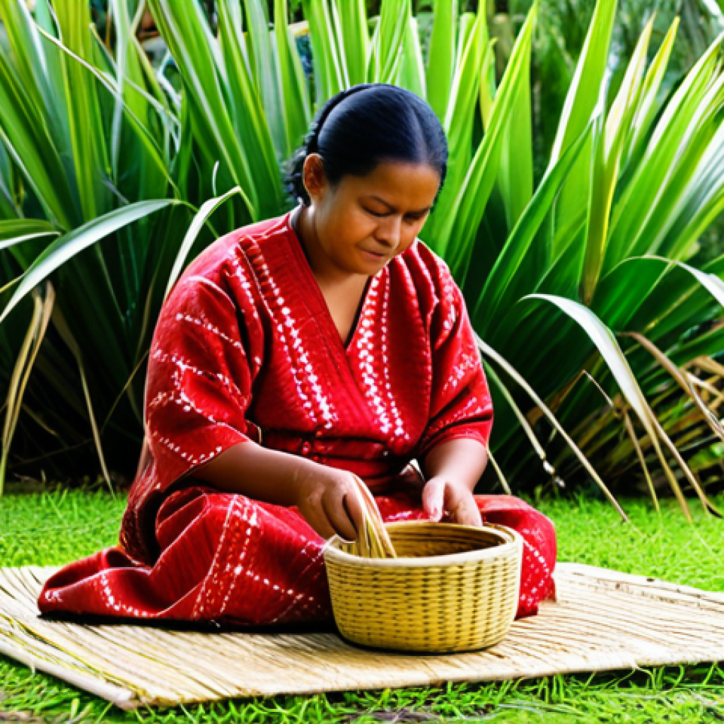 Tongan Weaving**

"A Tongan woman, fully clothed in modest traditional attire, sits on a woven mat outdoors, demonstrating the art of weaving a basket from pandanus leaves, perfect anatomy, well-formed hands, natural pose, safe for work, appropriate content, professional, family-friendly, bright daylight, natural colors, background of a lush tropical garden, high quality"

**