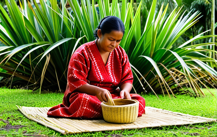 Tongan Weaving**

"A Tongan woman, fully clothed in modest traditional attire, sits on a woven mat outdoors, demonstrating the art of weaving a basket from pandanus leaves, perfect anatomy, well-formed hands, natural pose, safe for work, appropriate content, professional, family-friendly, bright daylight, natural colors, background of a lush tropical garden, high quality"

**