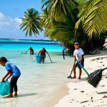 Community-Based Ocean Cleanup in Tonga**

"A vibrant scene of Tongan community members, including children, participating in a beach cleanup, fully clothed in appropriate attire, collecting plastic waste and ghost nets, clear turquoise water in the background, palm trees, sunny day, safe for work, professional, family-friendly, perfect anatomy, natural proportions, high quality, showcasing environmental stewardship and community spirit."

**
