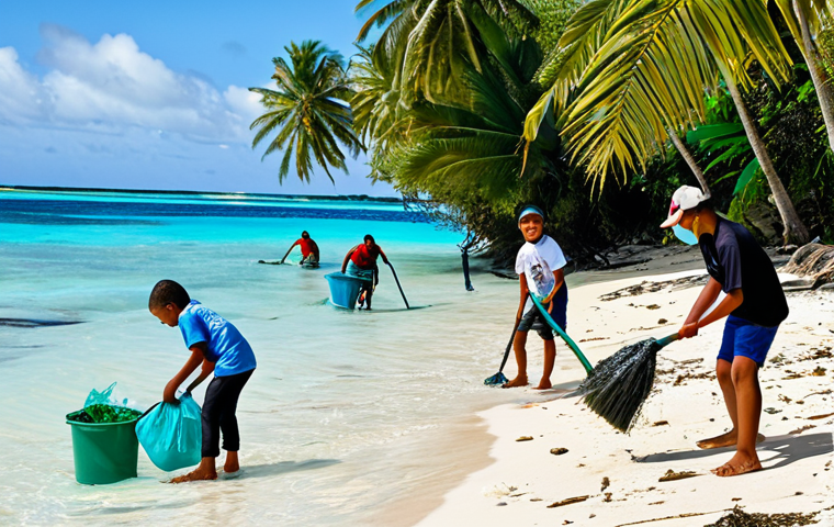 Community-Based Ocean Cleanup in Tonga**

"A vibrant scene of Tongan community members, including children, participating in a beach cleanup, fully clothed in appropriate attire, collecting plastic waste and ghost nets, clear turquoise water in the background, palm trees, sunny day, safe for work, professional, family-friendly, perfect anatomy, natural proportions, high quality, showcasing environmental stewardship and community spirit."

**