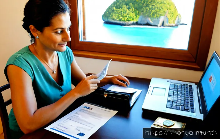 통가 비자 발급 절차 - Photorealistic travel visa application scene for an Italian traveler visiting Tonga, middle-aged Ita...