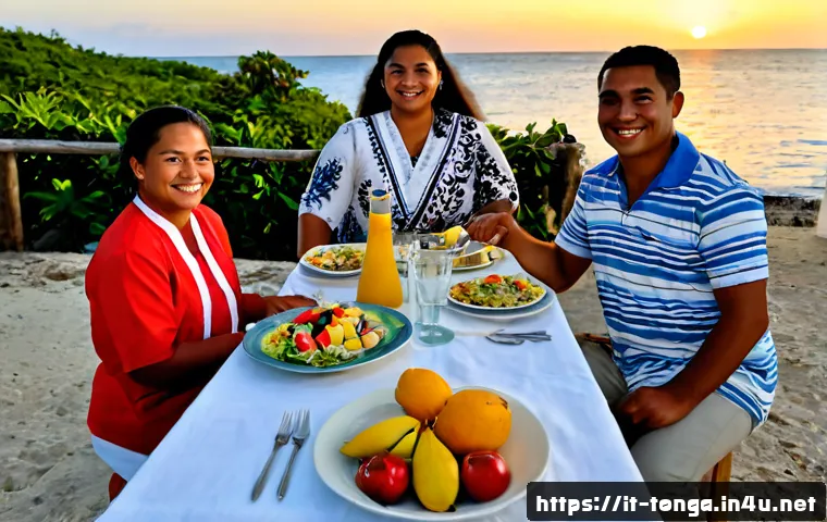 통가와 서구 문화의 융합 - Photorealistic cultural exchange scene in Tonga, a Tongan family in elegant traditional woven attire...