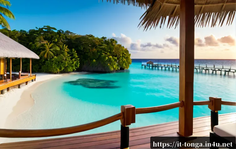 통가 리조트 추천 - Photorealistic luxury beachfront resort in Tonga at sunrise, a spacious overwater bungalow with natu...